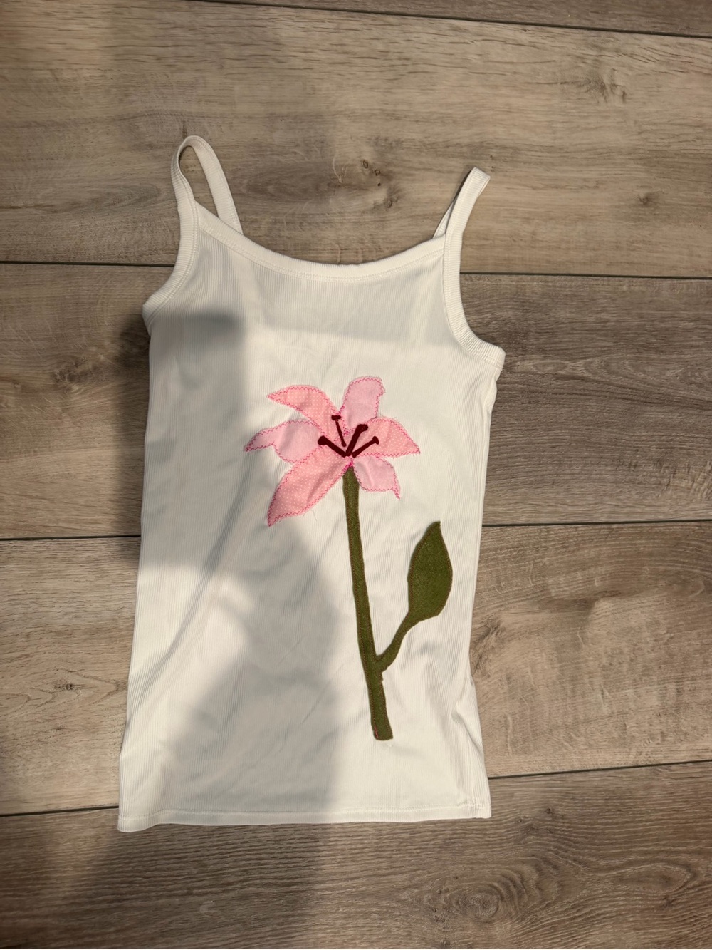 White Tank Top with Pink Flower Applique
